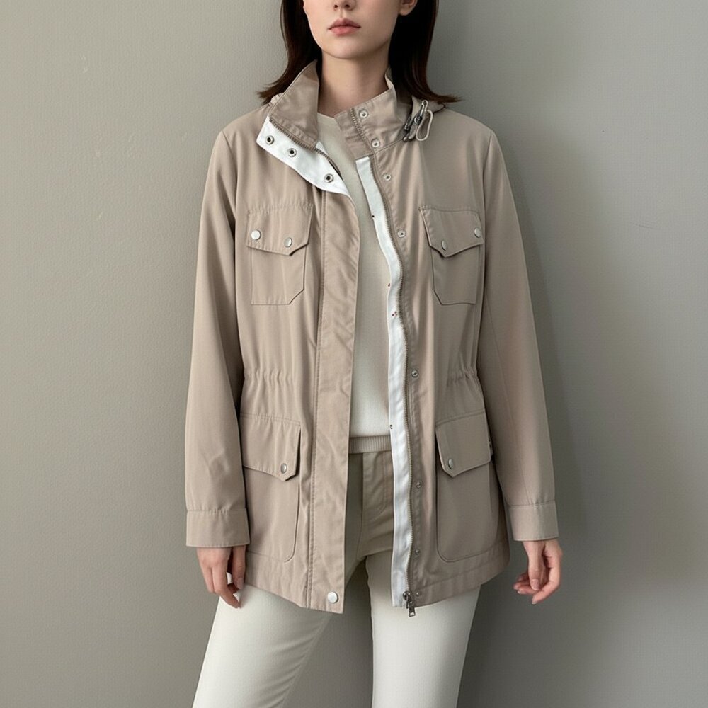 Lauren Ralph Lauren Beige Utility Hooded Jacket with Drawstring Waist Size M